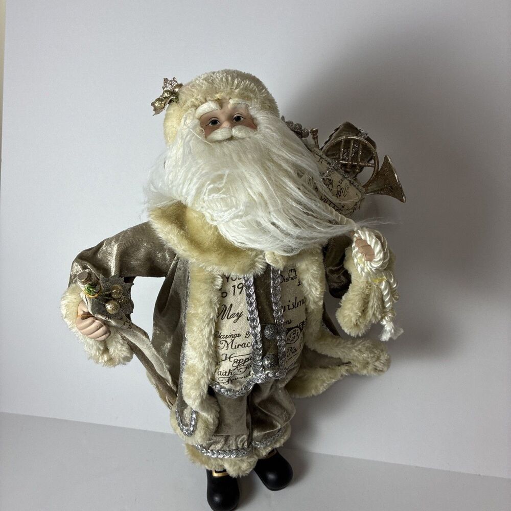 Champagne Coastal Santa Figurine Neutral Taupe Silver Christmas Decor 21”